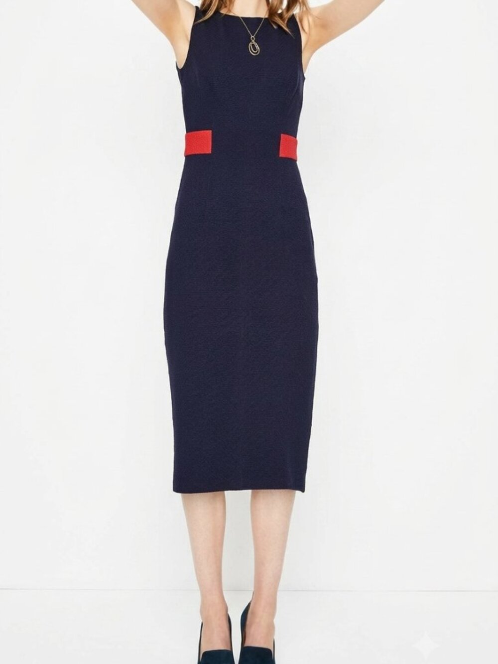 Vintage Y2K Boden Navy Blue & Red Contrast Ponte Sheath Midi Dress, Size 6
